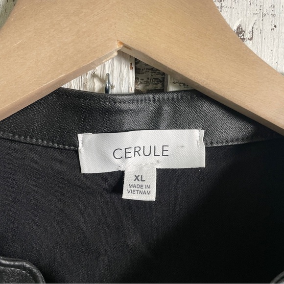 Cerule Black Faux Leather Top Womens Size XL Button Up V-neck Romantic Night Out - Picture 2 of 10